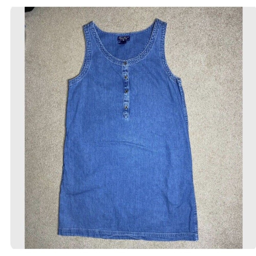 Eddie Bauer Vintage 90’s Denim Jumper Dress Medium Blue Cotton Maxi Pockets